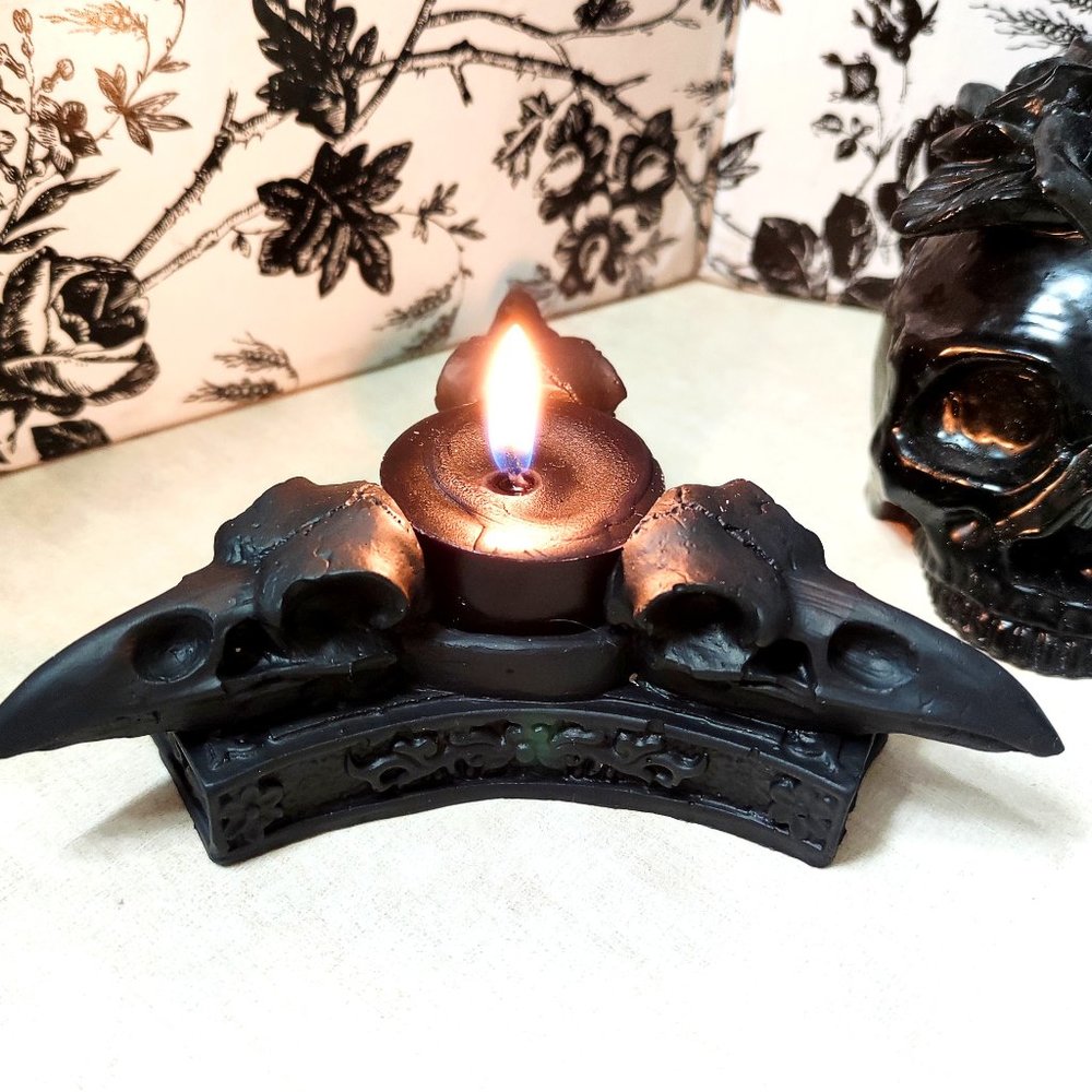 Triple Bird Skull Tealight Candle Holder Gothic Horror Raven Skull Candleholder